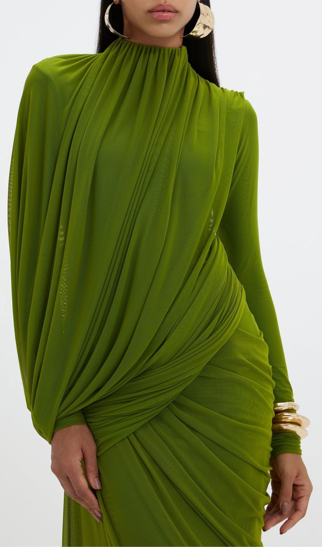 Kalila Elegant Draped Green Long Sleeve Maxi Dress