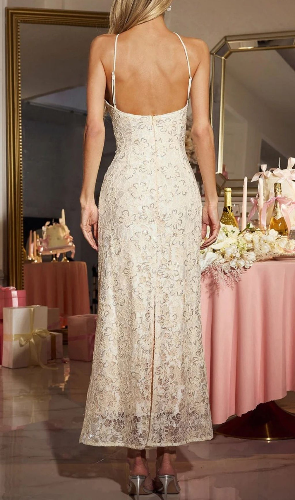 Eryxra Elegant Halterneck Floral Lace Sequin Maxi Evening Gown