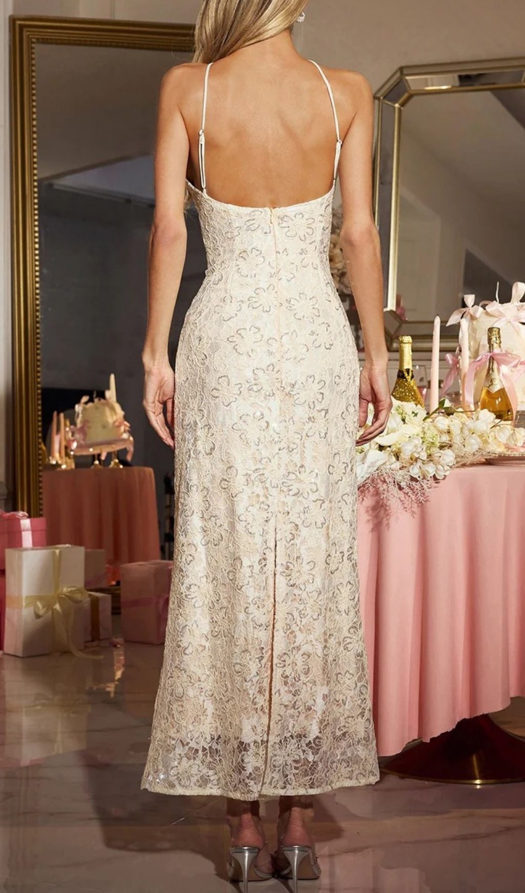 Eryxra Elegant Halterneck Floral Lace Sequin Maxi Evening Gown