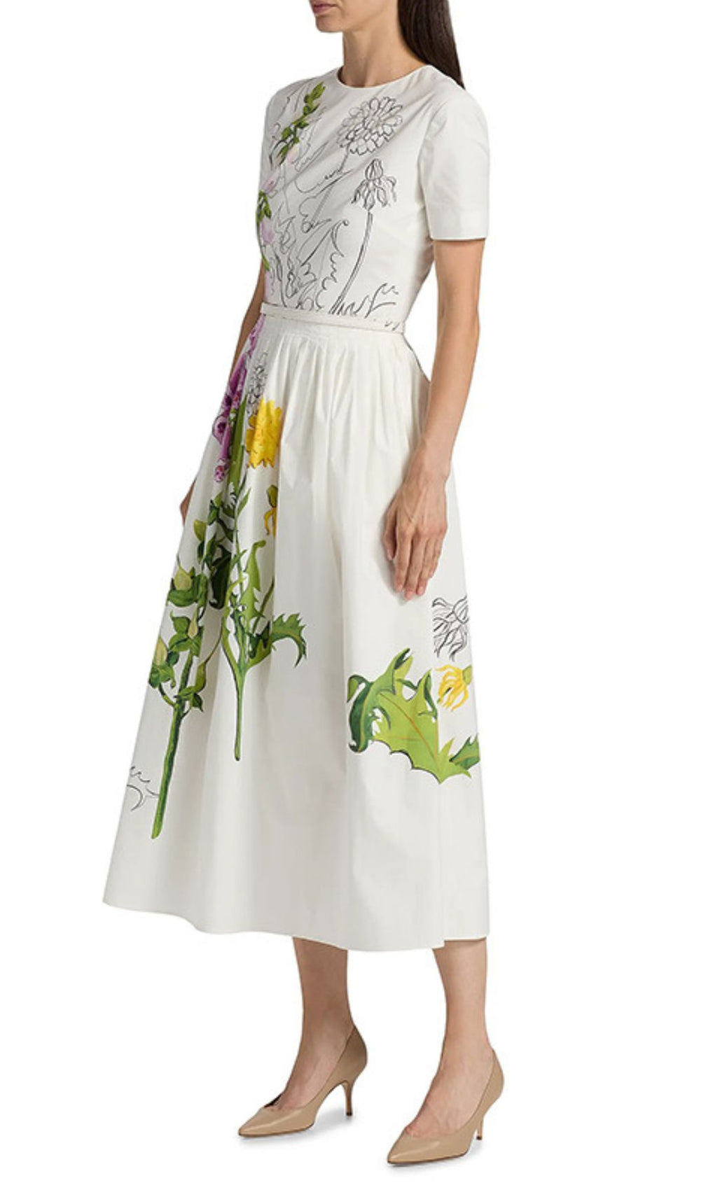 Issac White Artistic Floral Midi Dress | Botanical Sketch & Pockets