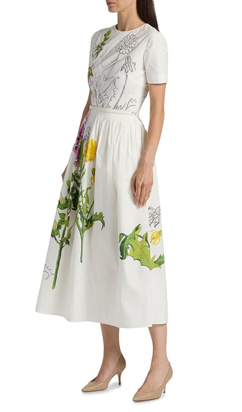 Issac White Artistic Floral Midi Dress | Botanical Sketch & Pockets