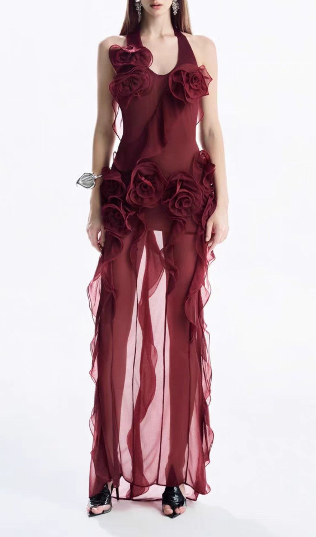 Hailey Red Halter Flower Maxi Dress