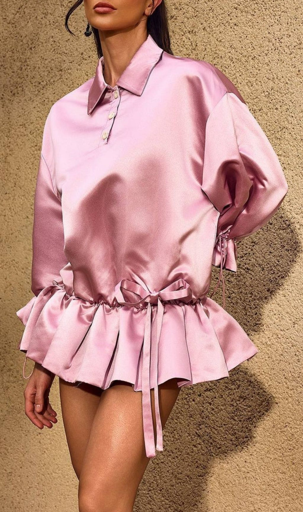 Chardon Luxe Satin Long Sleeve Mini Dress with Adjustable Ruffle Hem