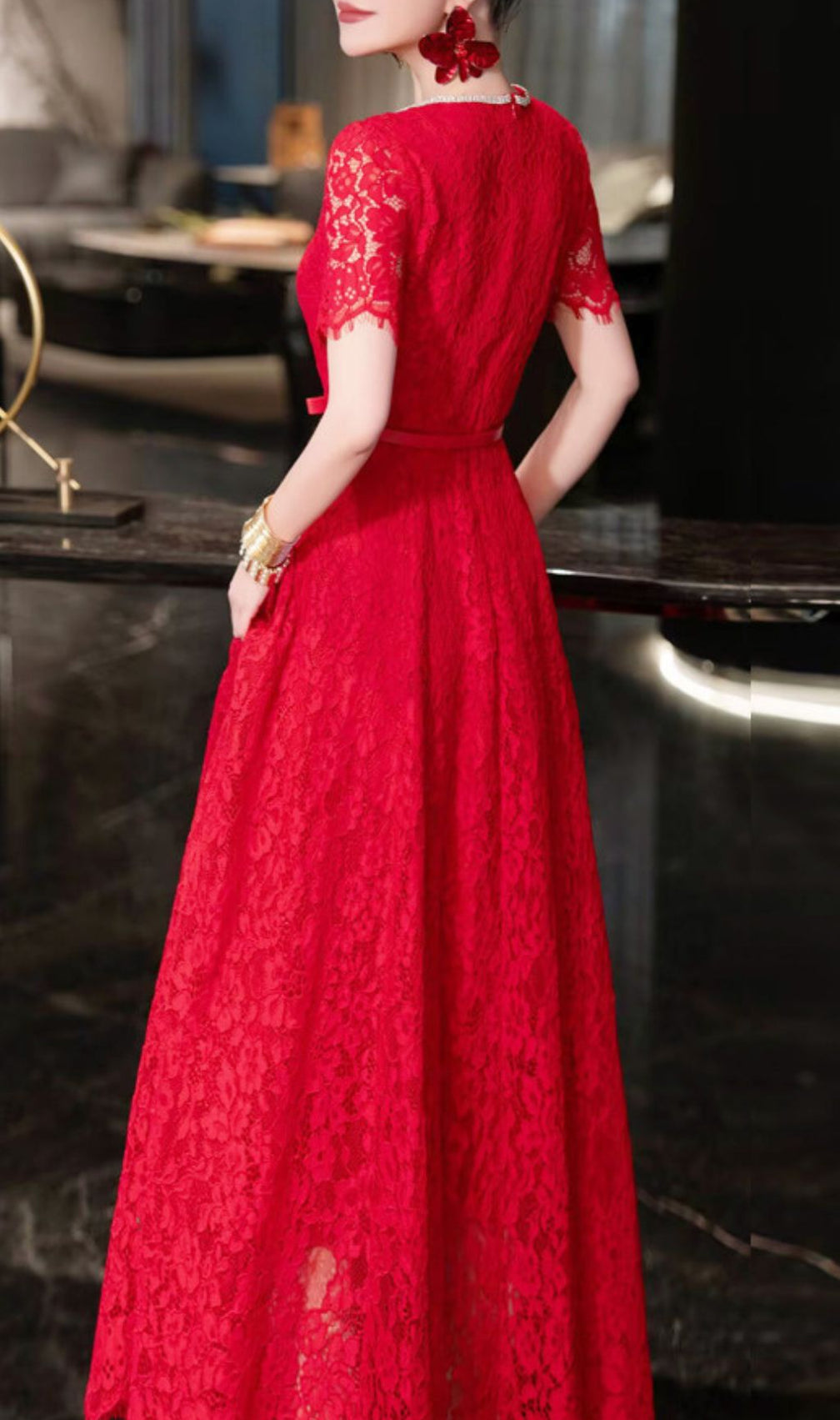 Hilary Red Lace Midi Dress