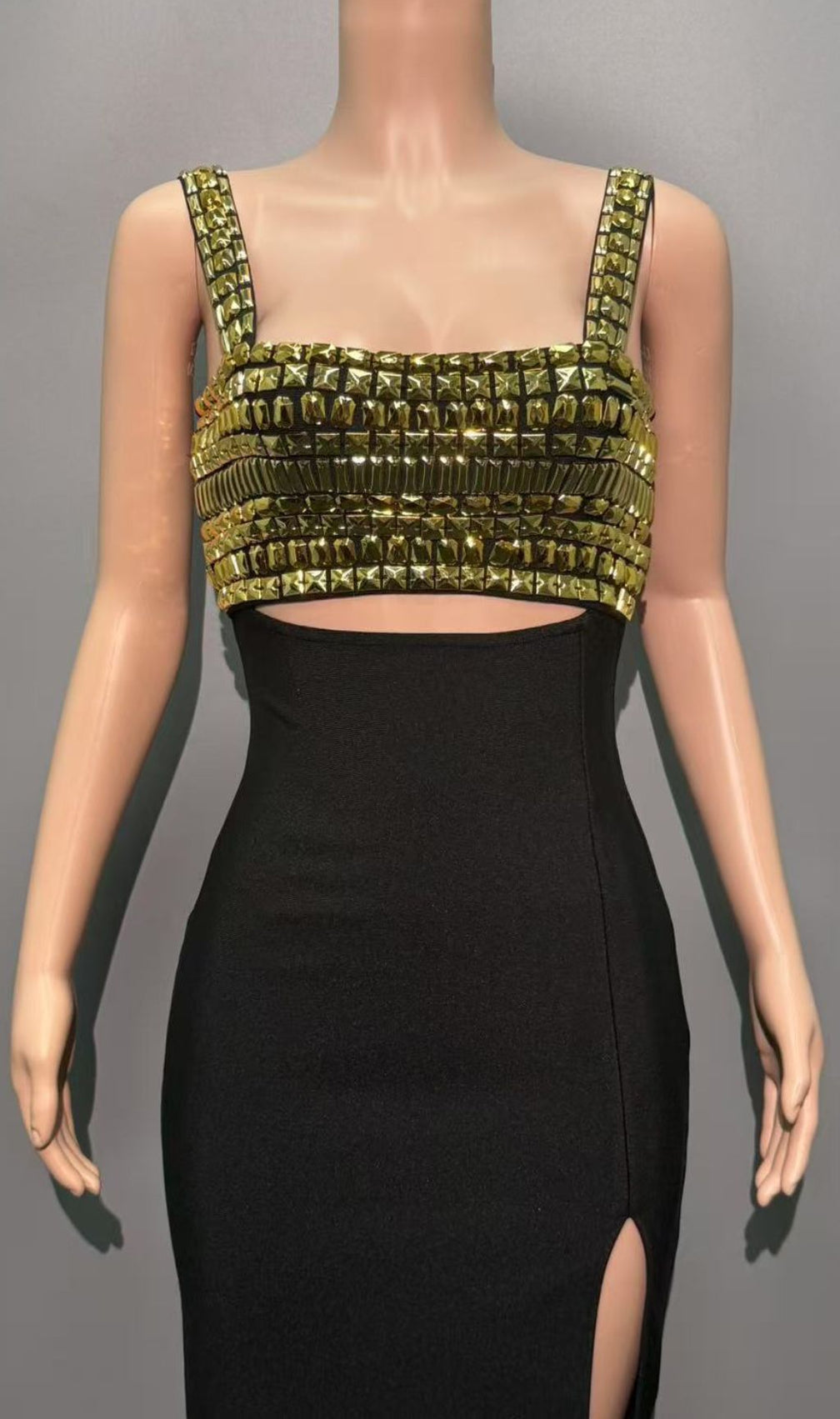 Dulcia Black Gold Rhinestone Bandage Maxi Dress