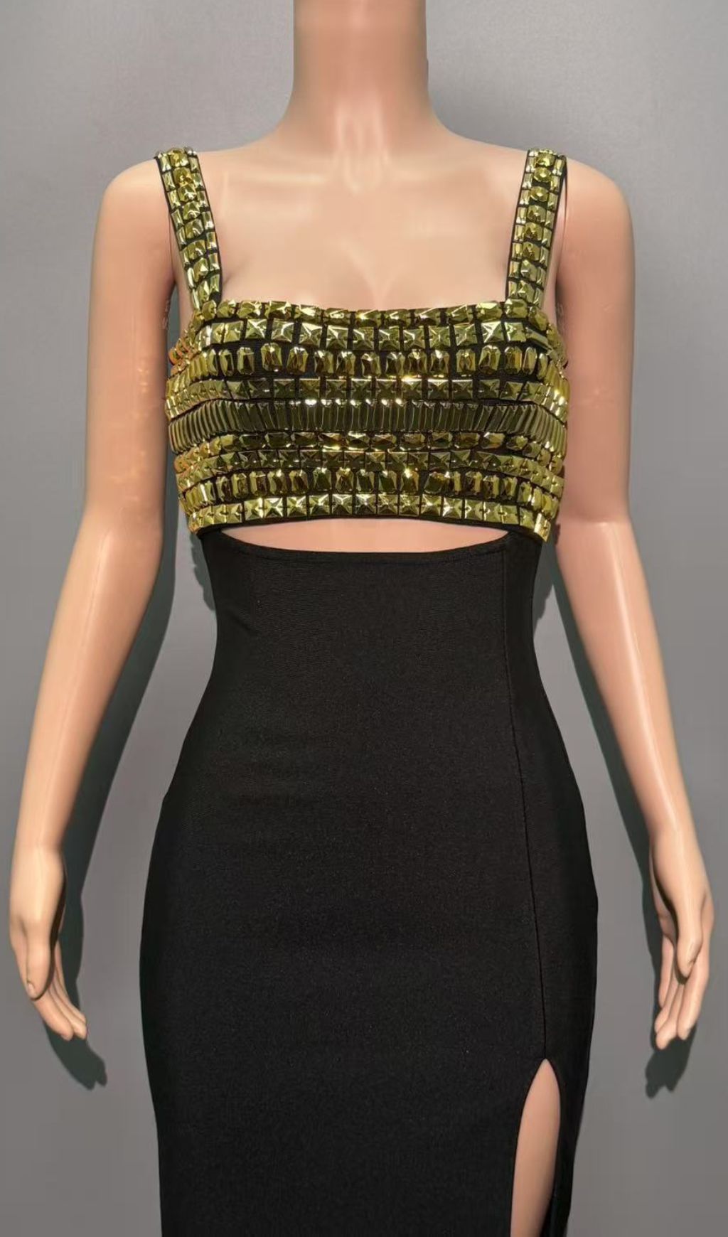 Dulcia Black Gold Rhinestone Bandage Maxi Dress