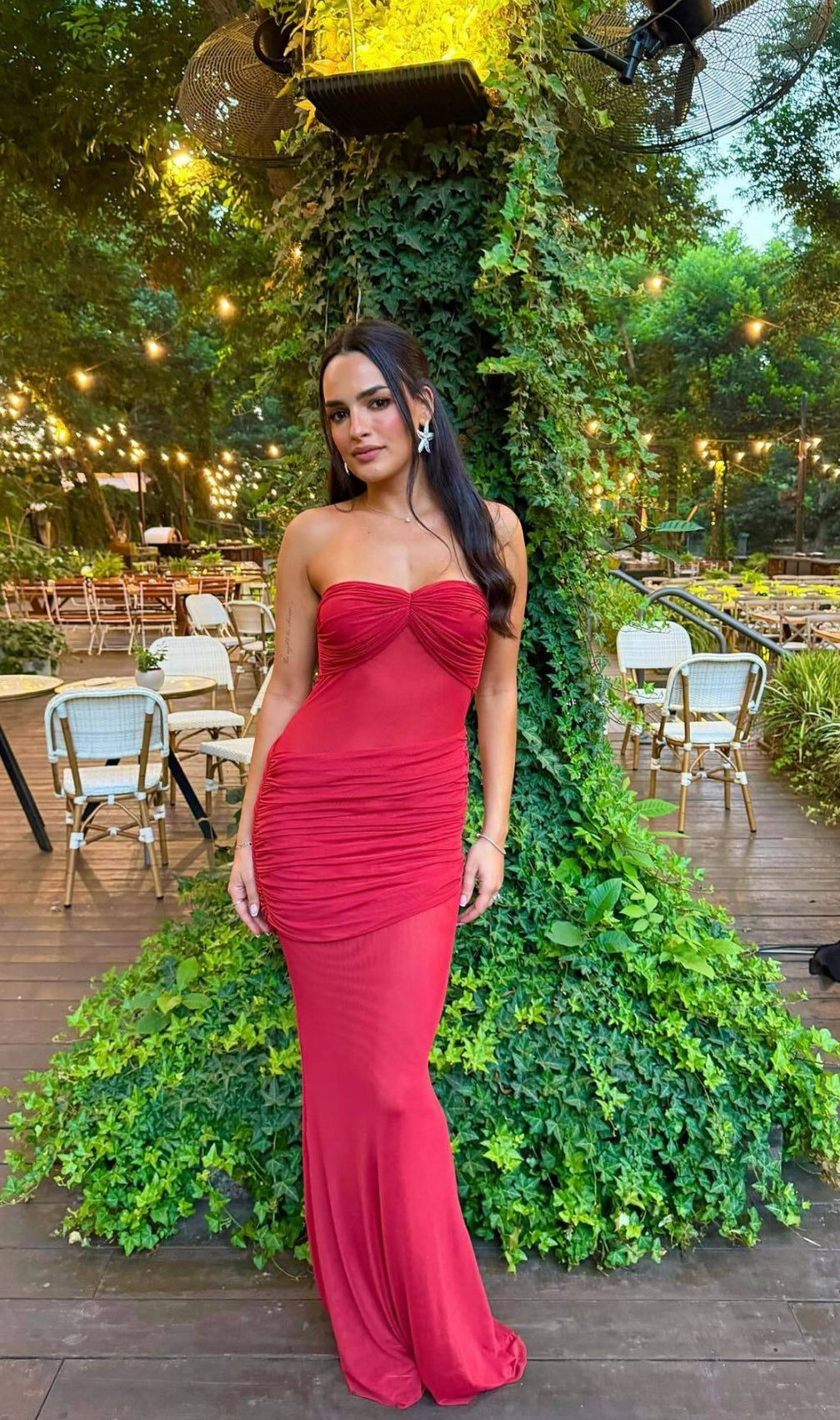 Gucin Red Strapless Ruched Mesh Maxi Dress