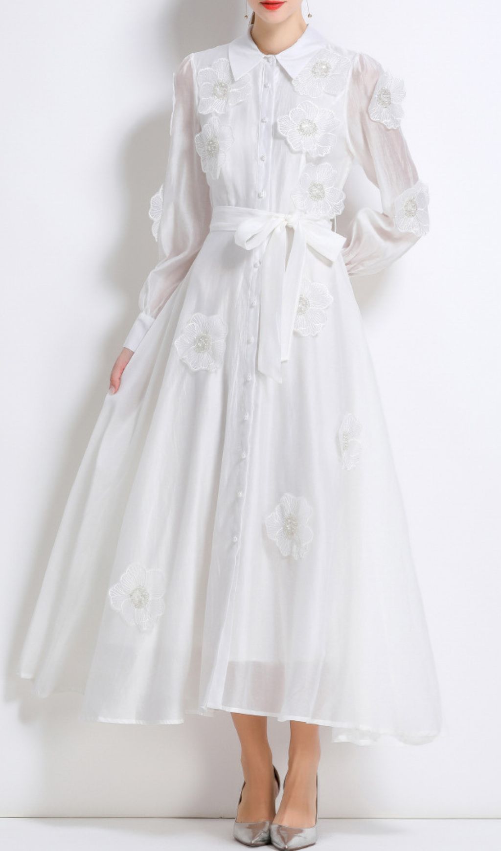 Holly White Flower Long Sleeve Midi Dress