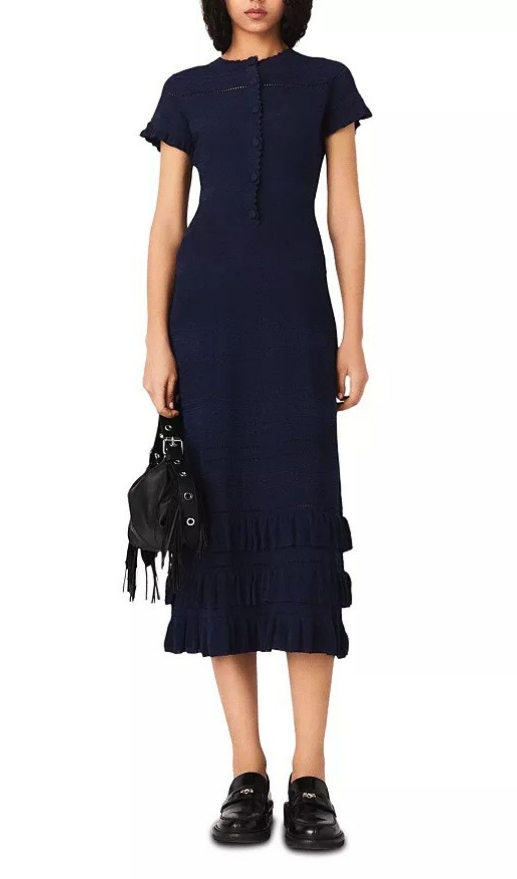 Elegant Navy Pointelle Ruffle Midi Dress - Scalloped Knit Style