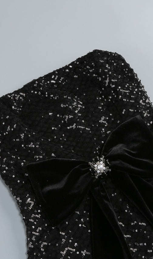 Glamorous Kelda Black Sequin Strapless Maxi Gown with Velvet Bow