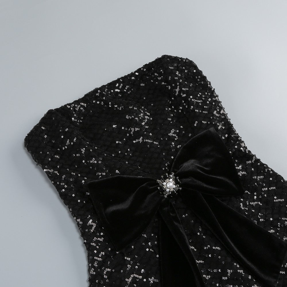 Glamorous Kelda Black Sequin Strapless Maxi Gown with Velvet Bow