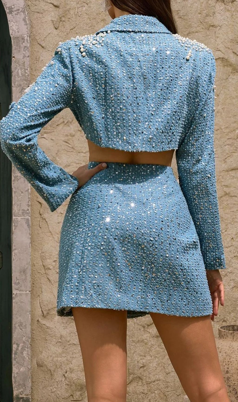 Dharinija Dazzling Pearl & Sequin Cutout Denim Blazer Dress