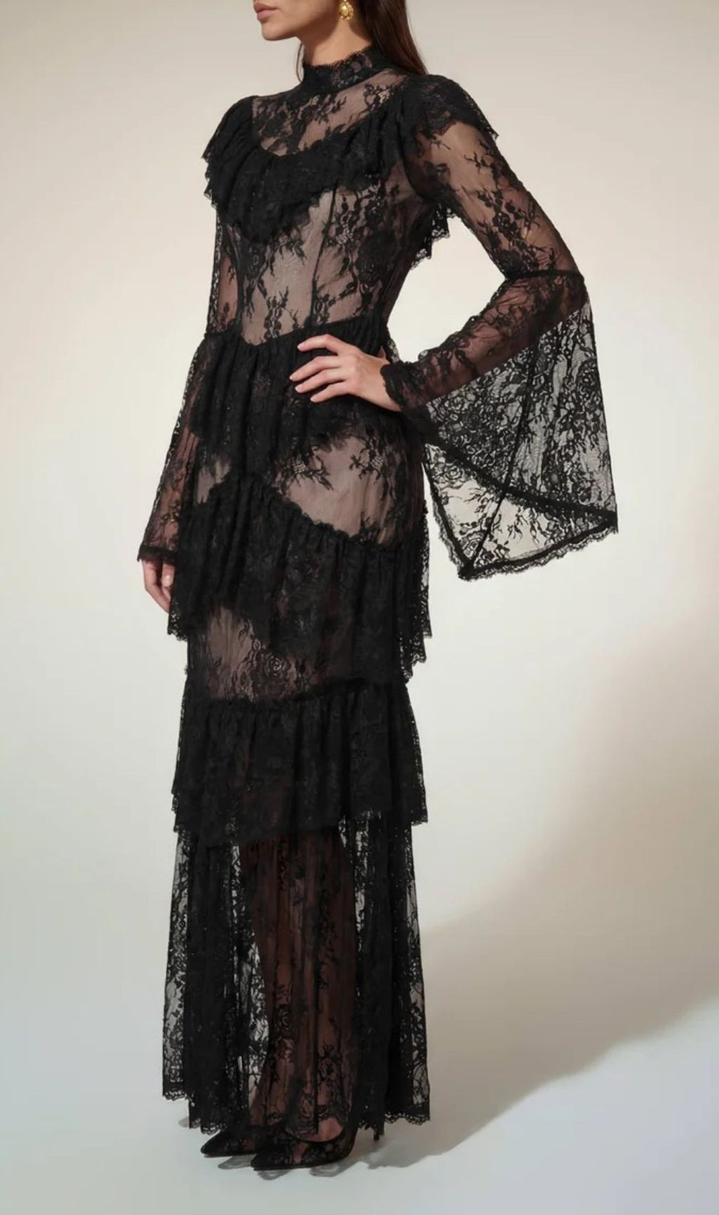 Aloysius Dramatic Black Lace Tiered Maxi Dress with Bell Sleeves