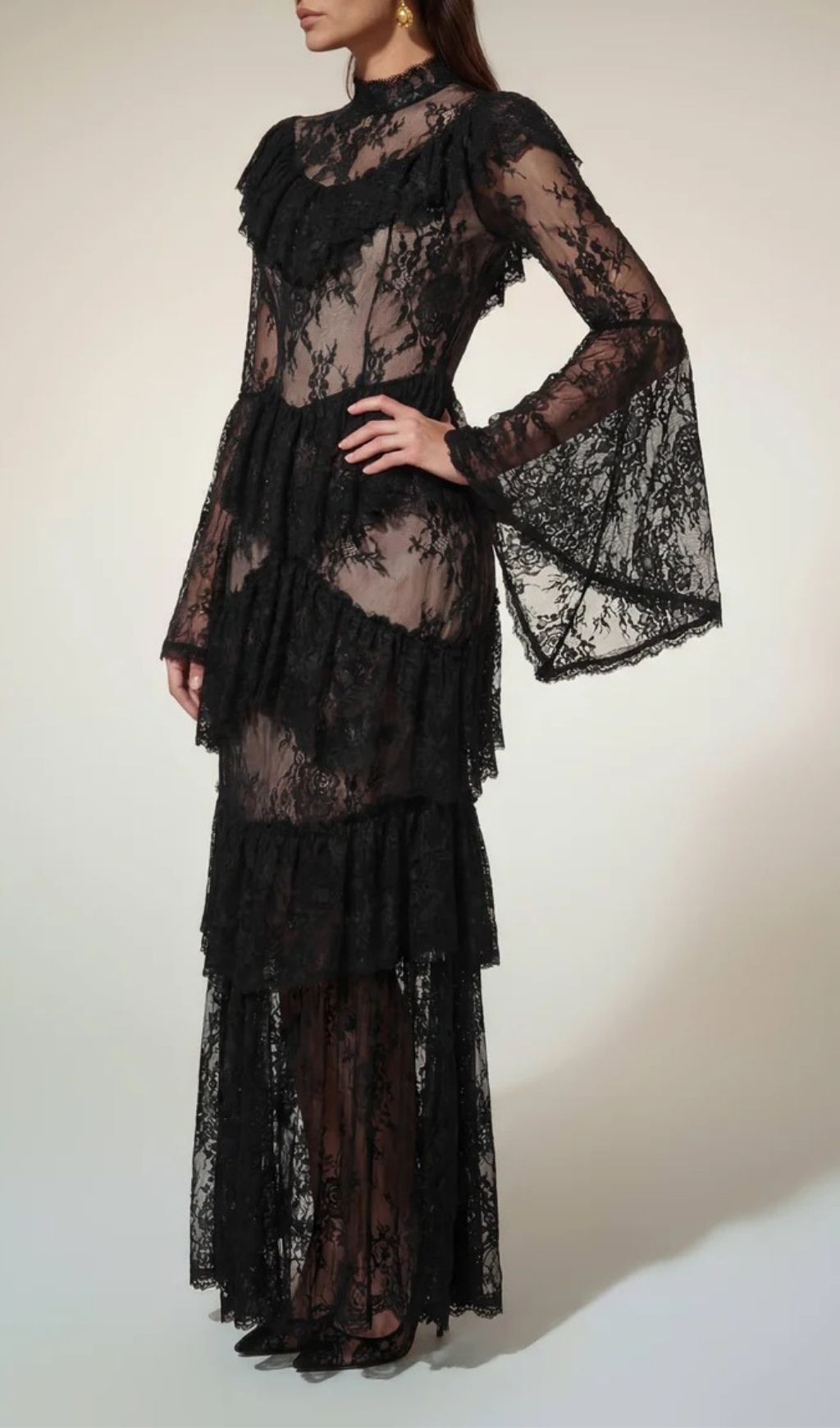 Aloysius Dramatic Black Lace Tiered Maxi Dress with Bell Sleeves