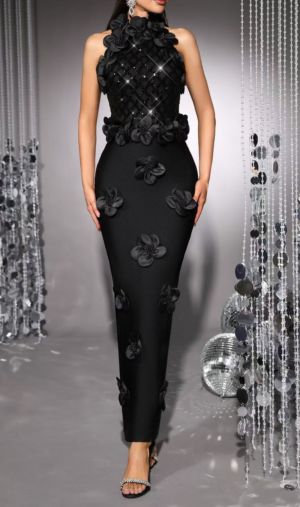 Kendi Black Halter Sequin & 3D Floral Bandage Maxi Gown - Elegant Evening Dress