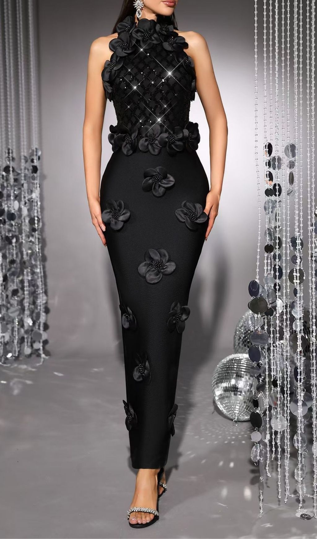 Kendi Black Halter Sequin & 3D Floral Bandage Maxi Gown - Elegant Evening Dress