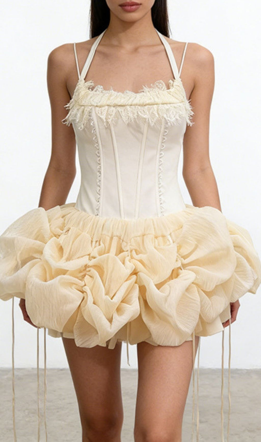 Kenya Apricot Dream Corset Mini Dress - Whimsical Ruffles & Sculpting Halter Neck