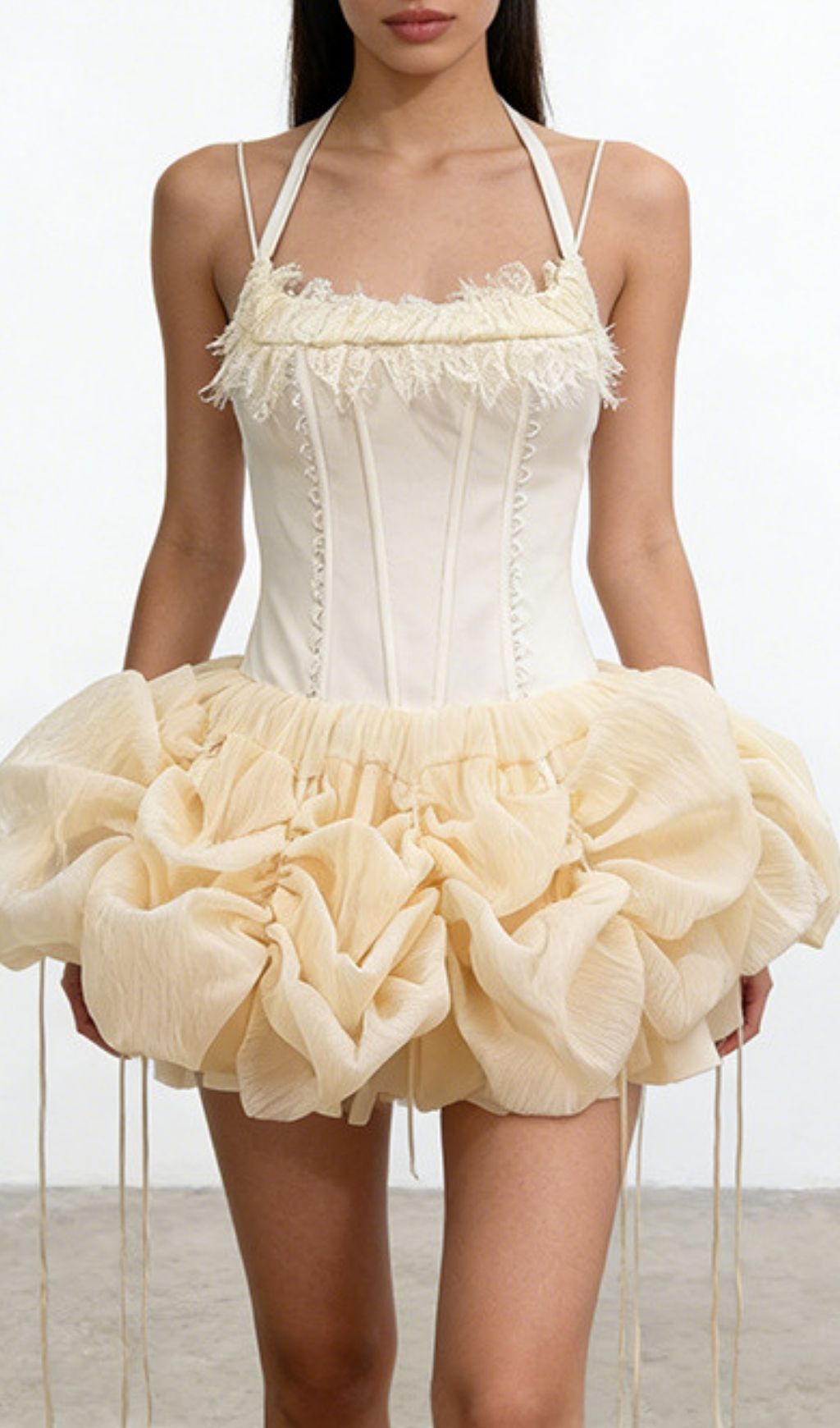 Kenya Apricot Dream Corset Mini Dress - Whimsical Ruffles & Sculpting Halter Neck