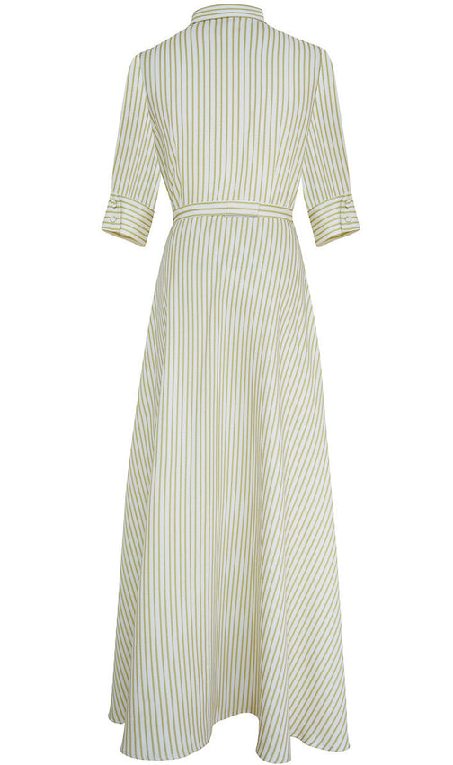 Effortless Chic: Green & White Striped Belted Maxi Shirt Dress for Women