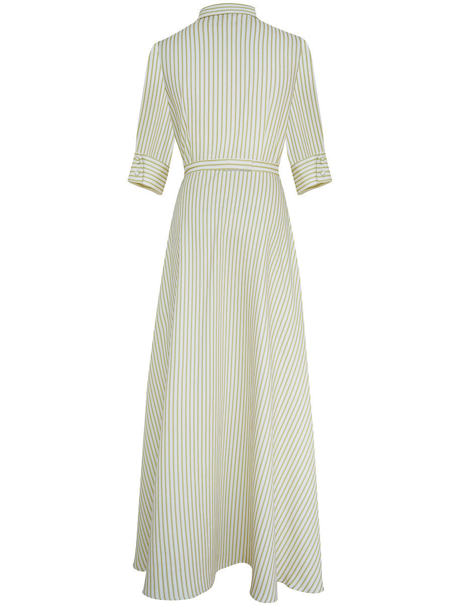 Effortless Chic: Green & White Striped Belted Maxi Shirt Dress for Women