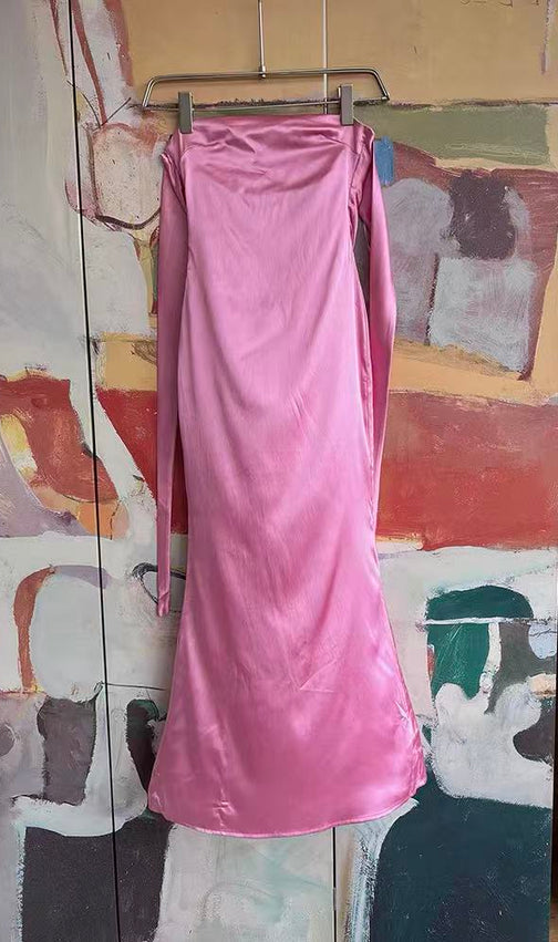 Pink Satin Halter Ruched Midi Dress with Back Bow