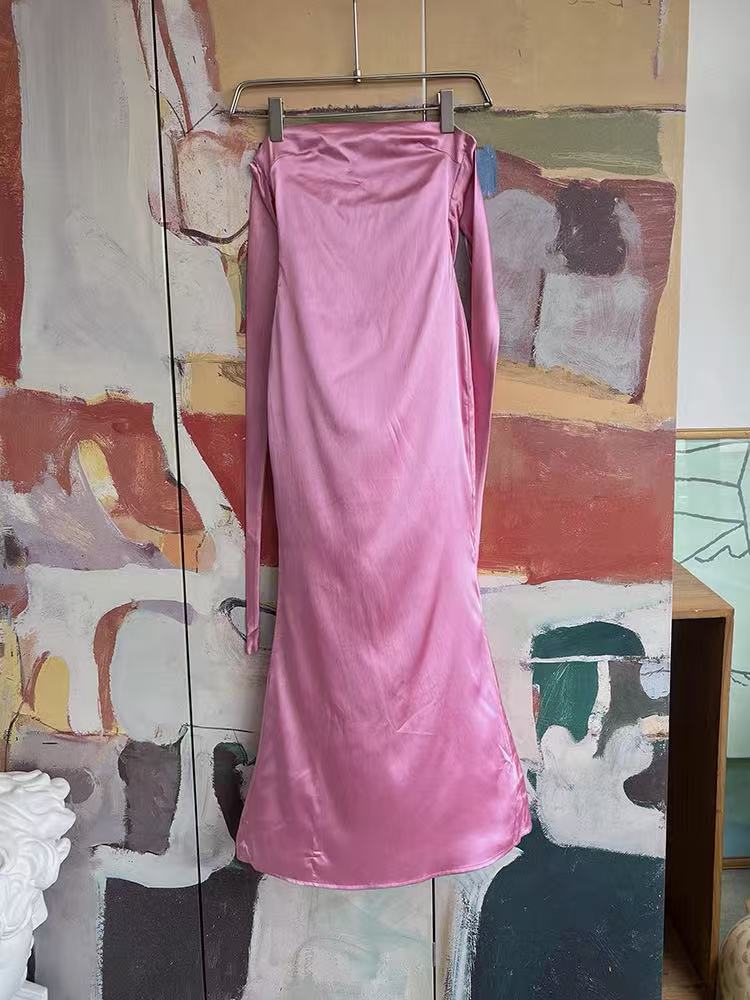 Pink Satin Halter Ruched Midi Dress with Back Bow