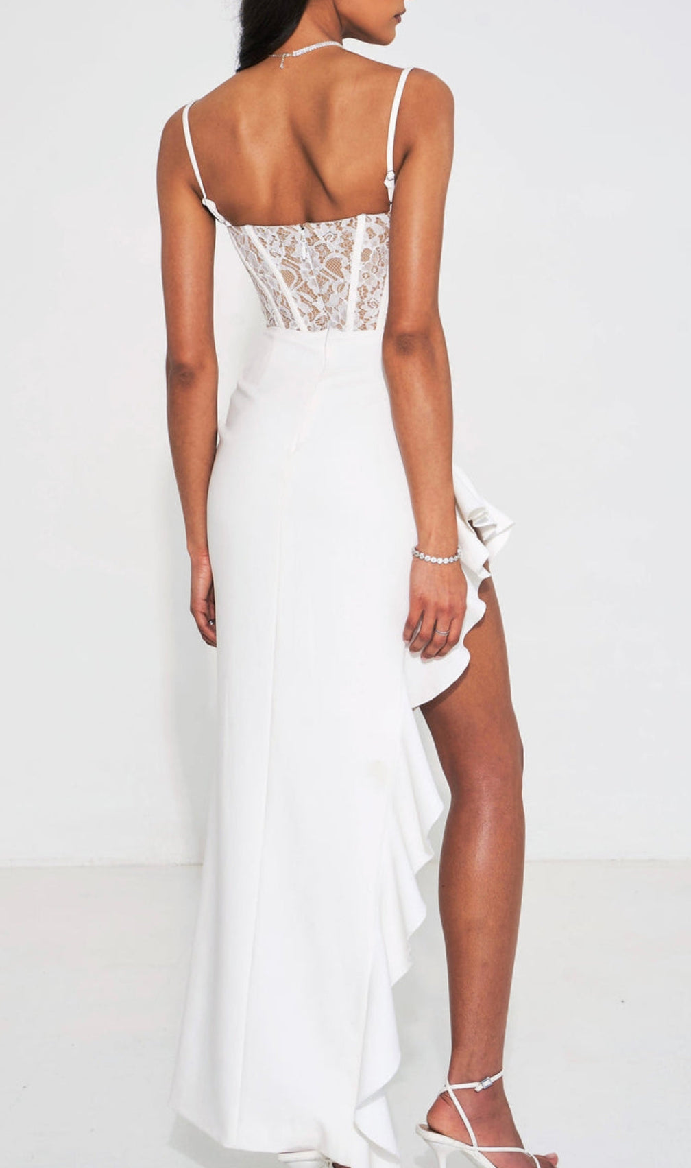 Arlette Lace Asymmetric Ruffle Midi Dress