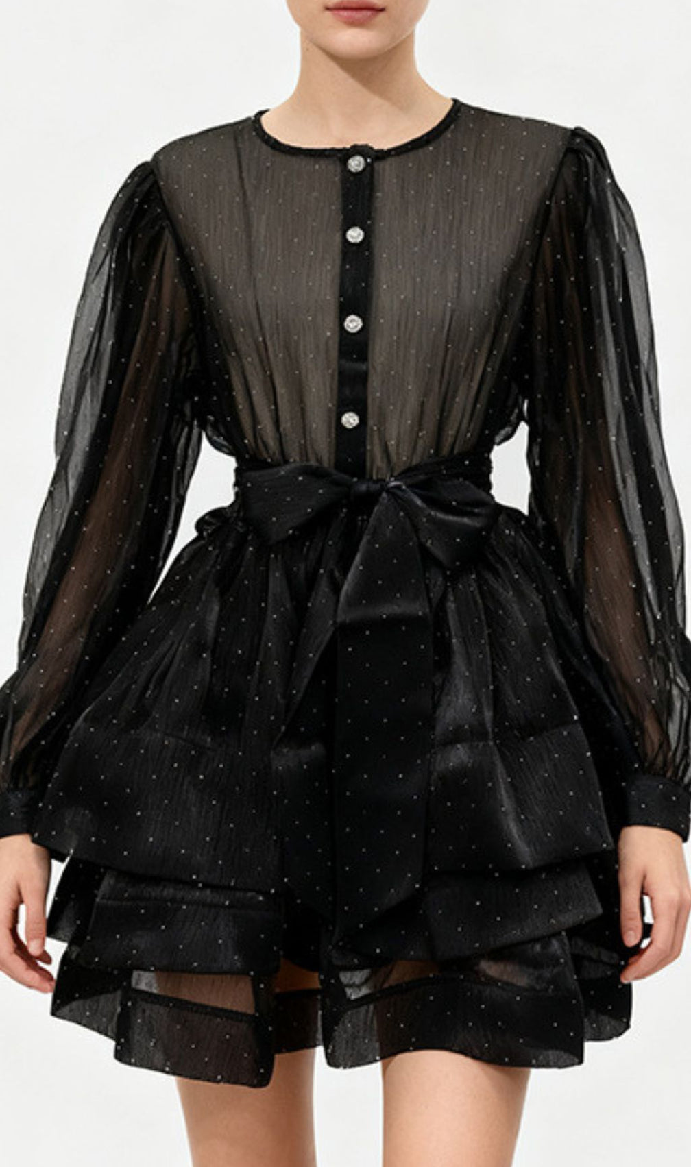 Jezebel Shimmer Tiered Mini Dress with Puff Sleeves