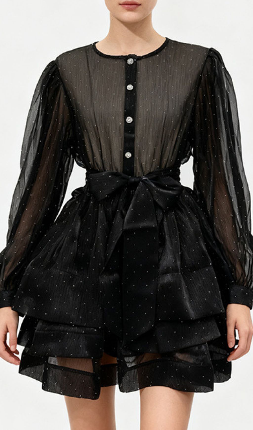 Jezebel Shimmer Tiered Mini Dress with Puff Sleeves