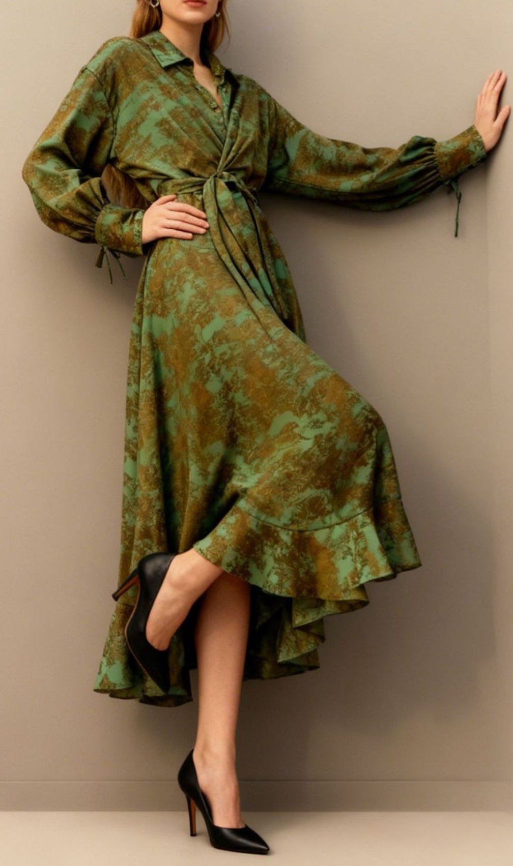 Jung Artistic Print Tie-Waist Long Sleeve Midi Dress