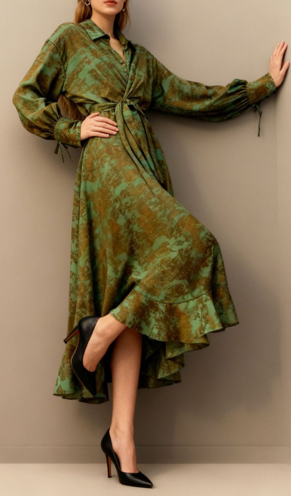 Jung Artistic Print Tie-Waist Long Sleeve Midi Dress