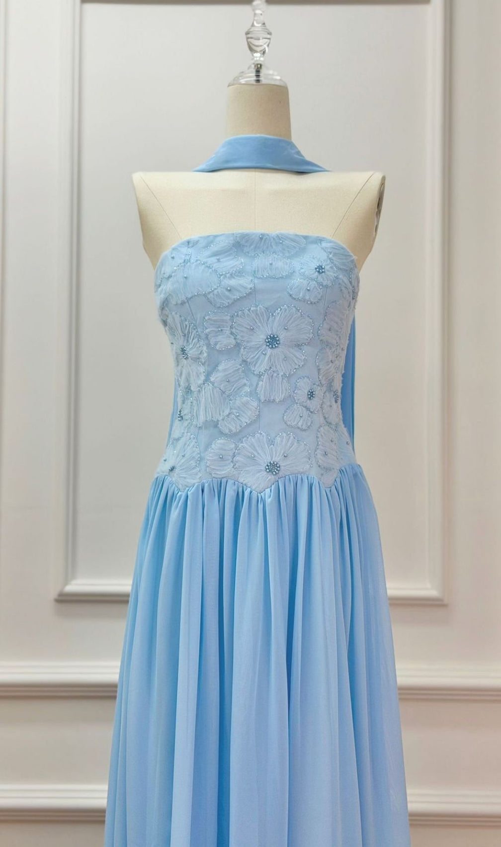 Kenley Sky Blue Strapless Floral Appliqué Maxi Gown with Shawl