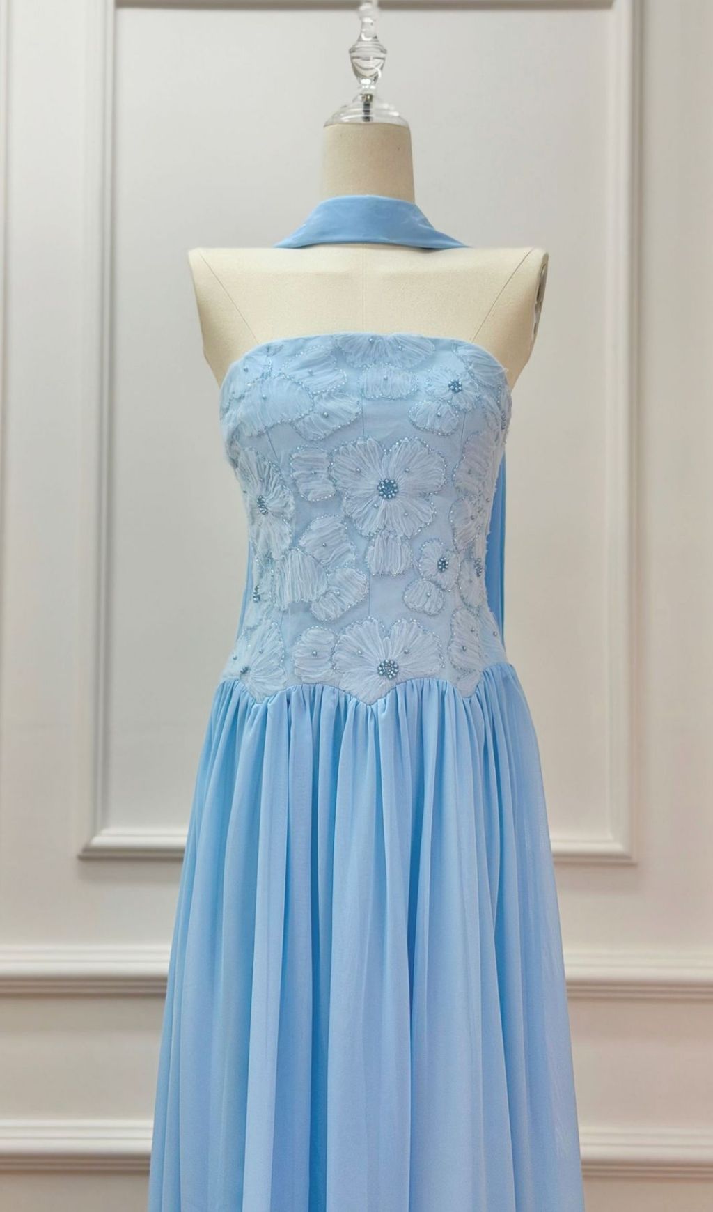 Kenley Sky Blue Strapless Floral Appliqué Maxi Gown with Shawl