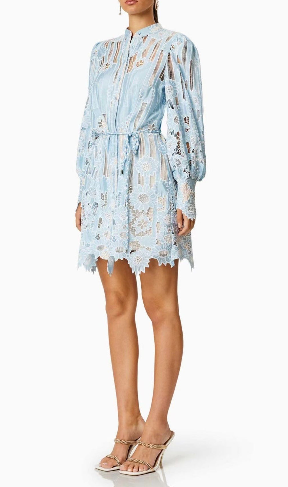 Deliz Romantic Sky Blue Floral Lace Mini Dress | Elegant Long Sleeve Style