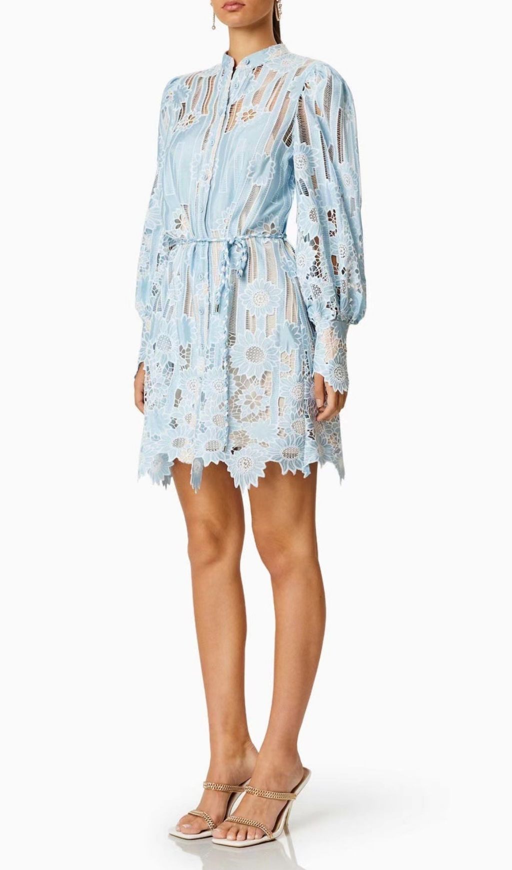 Deliz Romantic Sky Blue Floral Lace Mini Dress | Elegant Long Sleeve Style