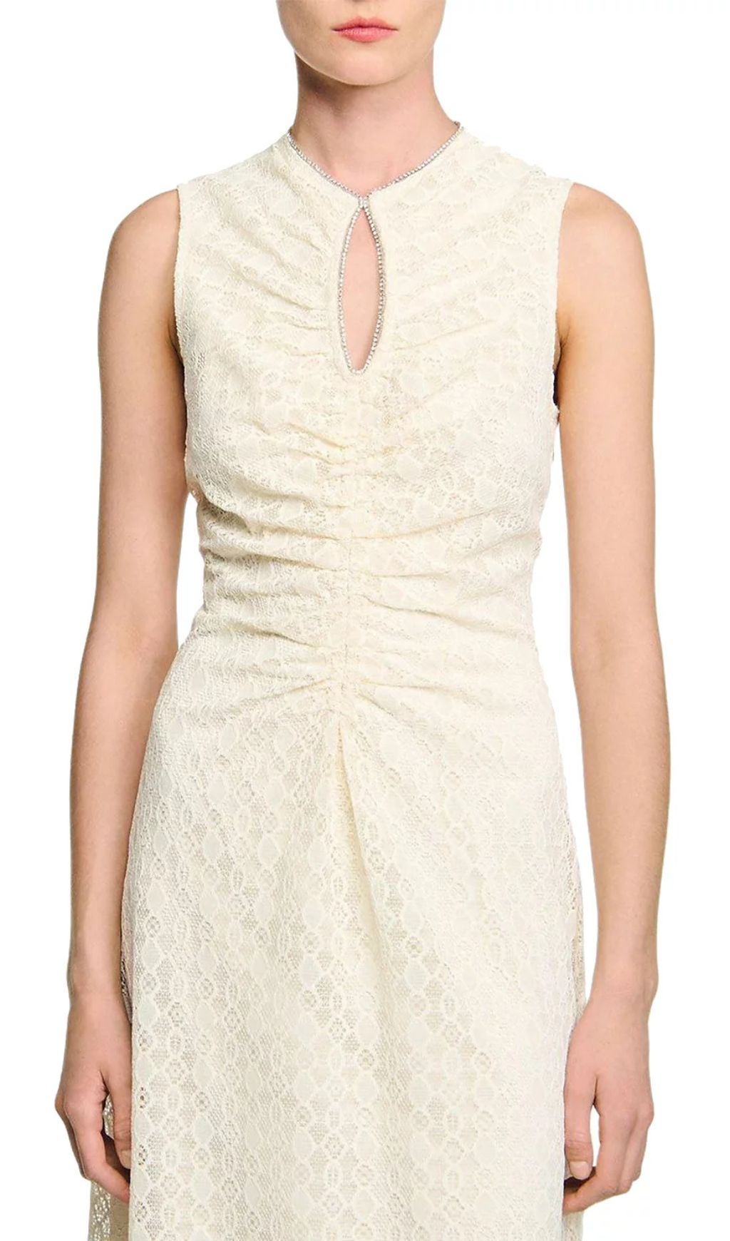 Chic Rhinestone Keyhole Lace Midi Dress | Elegant Sleeveless A-Line