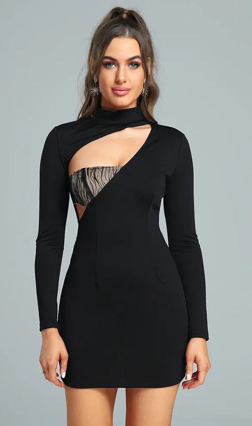 High Neck Asymmetrical Mini Bodycon Dress