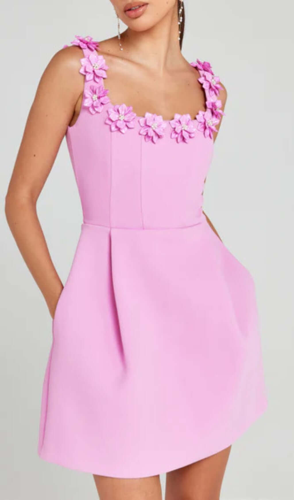 Awanata Purple Flower Decor Neck Mini Bandage Dress