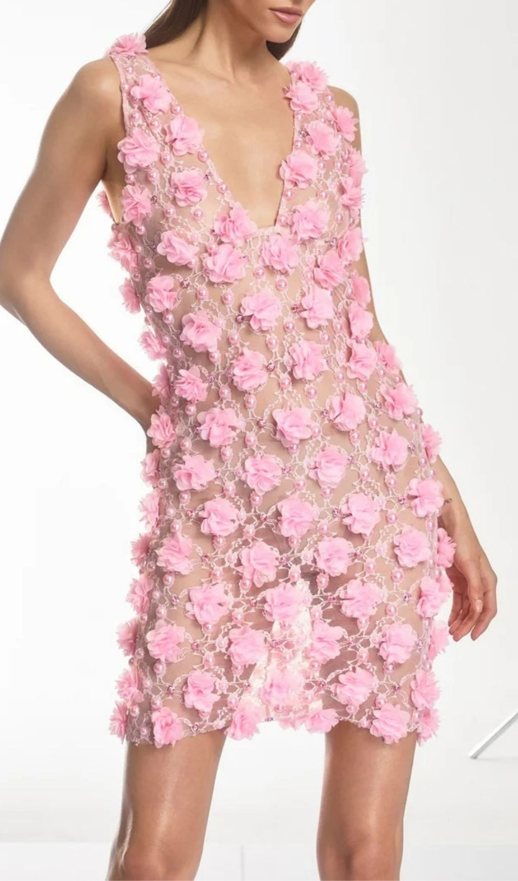 Dalal Sheer Floral Pearl Mini Dress - Romantic & Chic