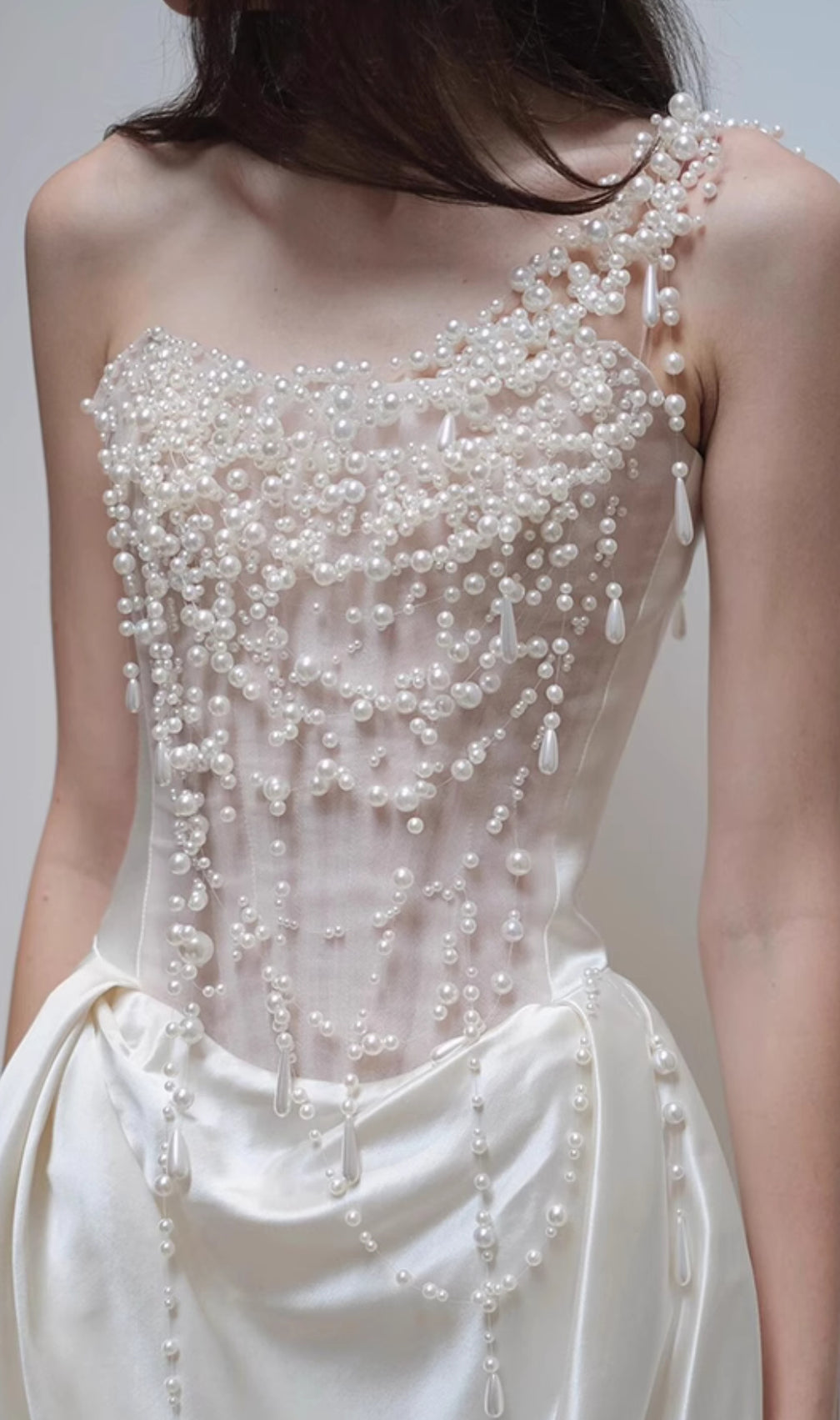 Cali White Pearl One-Shoulder Wedding Dress