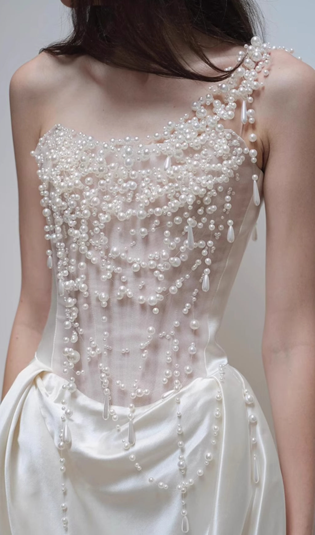 Cali White Pearl One-Shoulder Wedding Dress