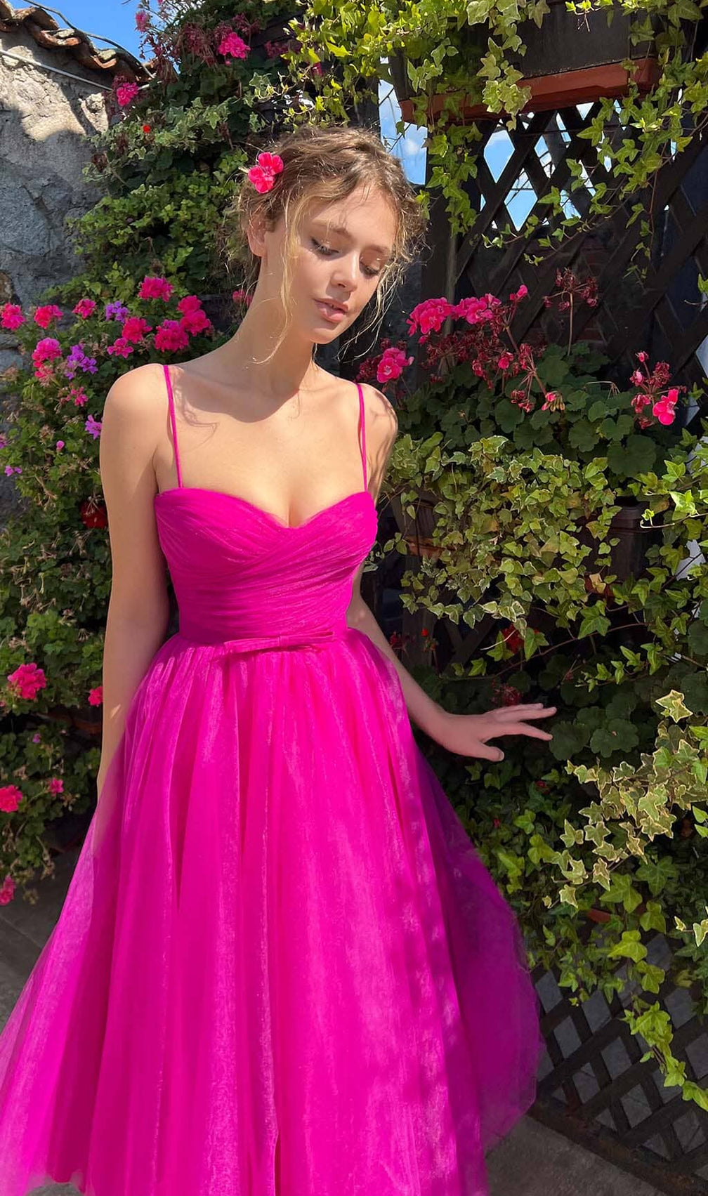 Pleats Spaghetti Straps Midi Dress In Hot Pink