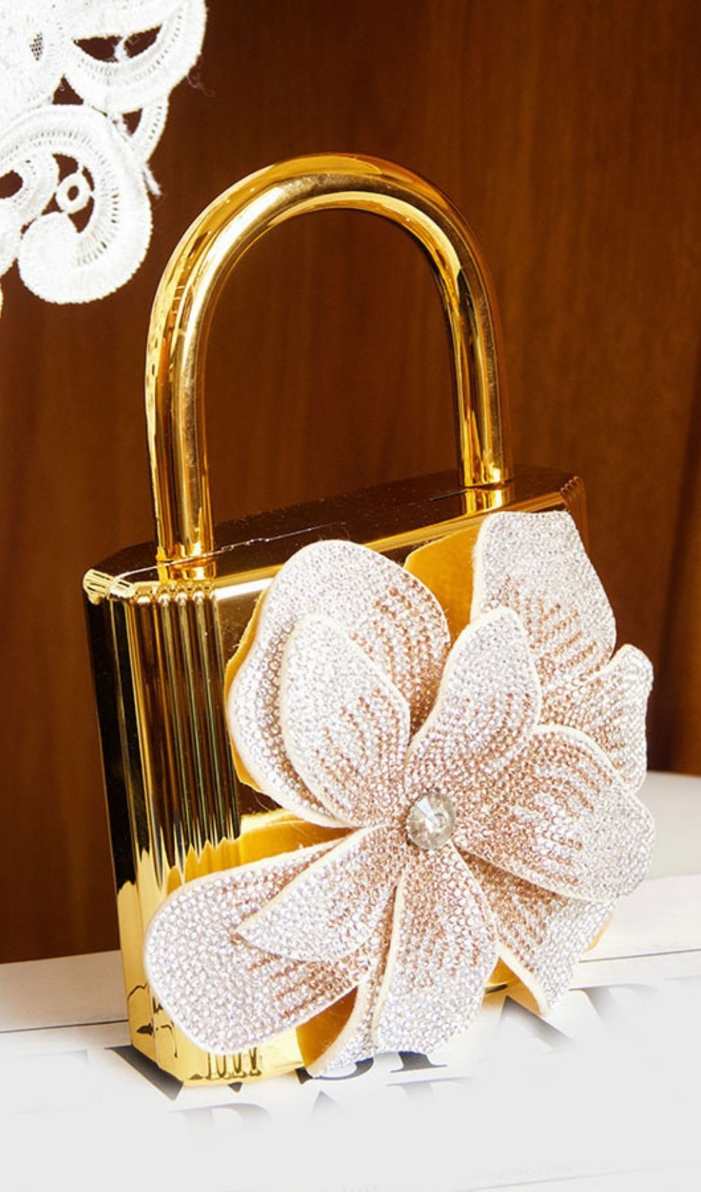 Khori Gold Flower Diamante Evening Clutch – Luxury Statement Bag