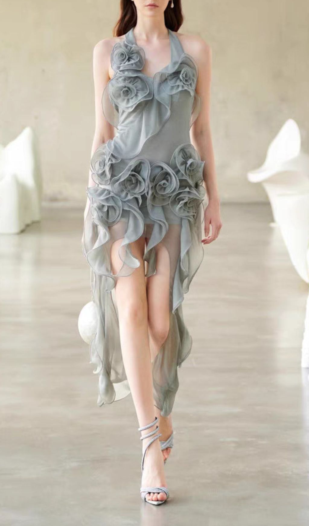 Hailey Grey Halter Flower Maxi Dress