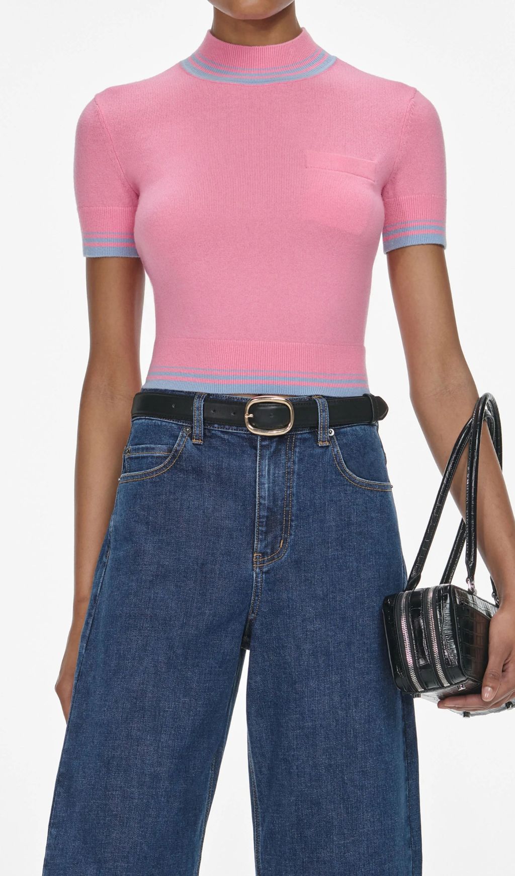 Chic Pink & Blue Stripe Mock Neck Ribbed Knit Top | Women's Short Sleeve