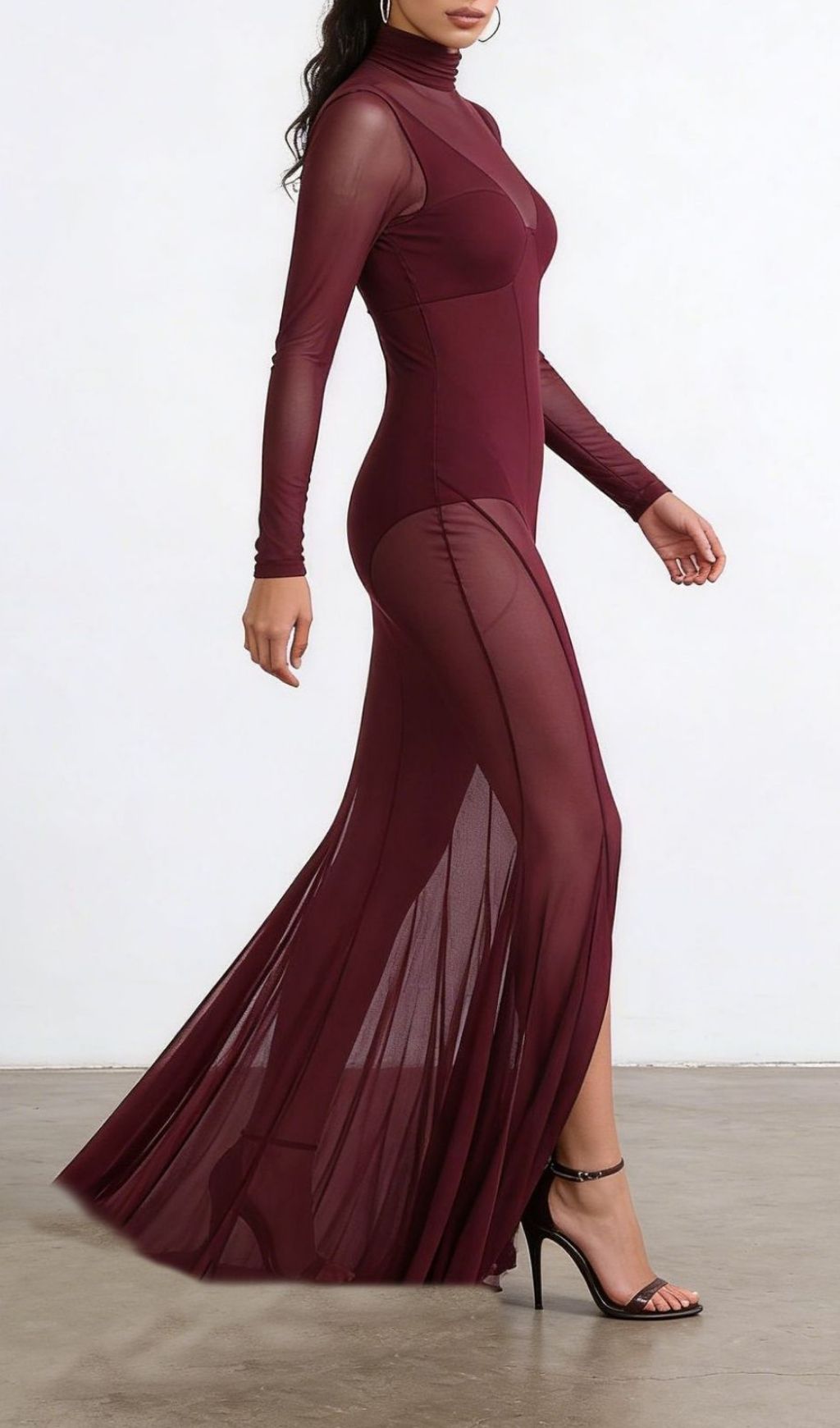 Kaylin Wine Mesh Illusion Long Sleeve Maxi Dress - Elegant Formal Gown