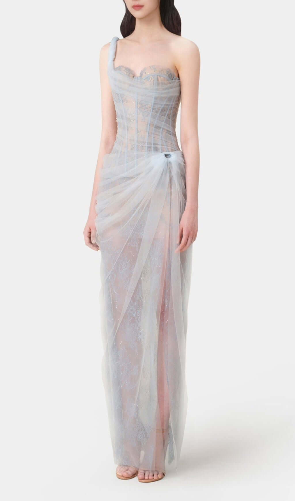 Anandi Blue Mesh Corset Maxi Dress