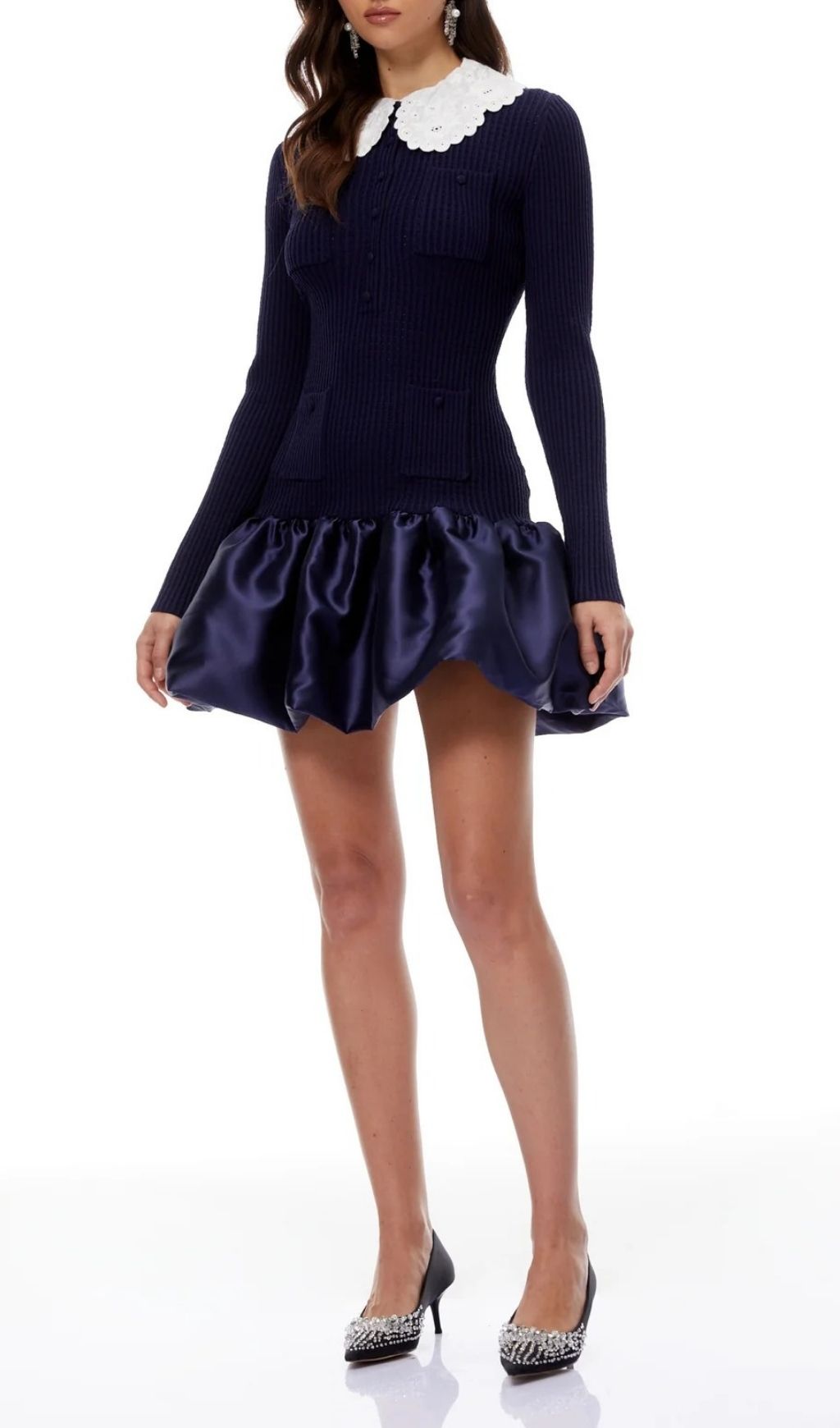 Kay Navy Long Sleeve Knit & Satin Mini Dress with Peter Pan Collar