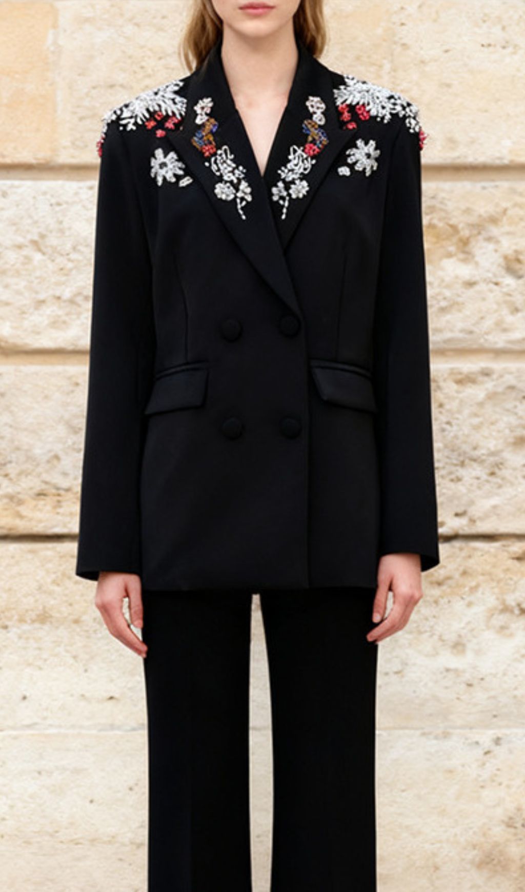 Idoya Diamante Floral Embellished Black Double-Breasted Blazer for Women