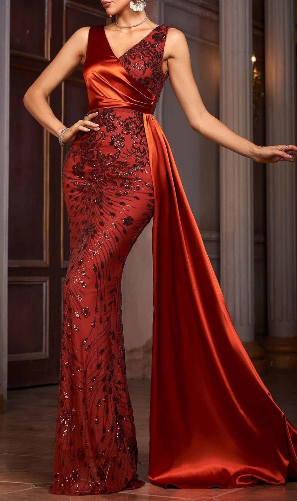 Kanoni Red Carpet Luxe Sequin Mermaid Gown with Satin Train